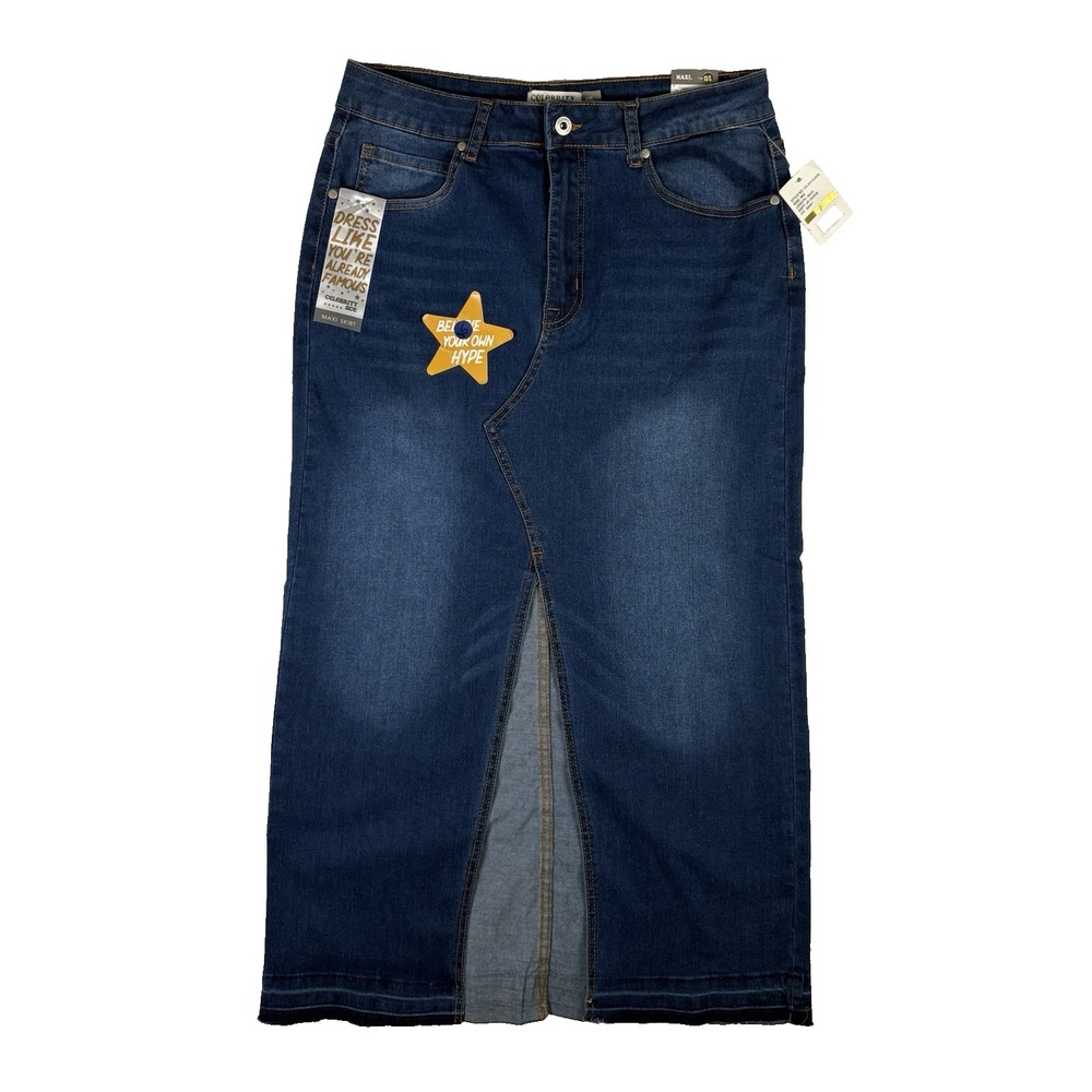 CELEBRITY ACE Maxi Denim Skirt Women's Size 11/L‎ Blue Stretch Raw Hem NWT
